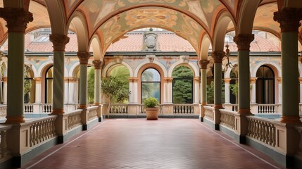Historic Italian Renaissance-style villa loggia with domed brick ceilings arched colonnades mosaic tiled fountains and frescoes. - obrazy, fototapety, plakaty