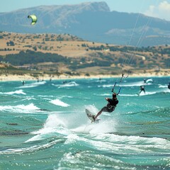 Fun day kitesurfing on a windy day