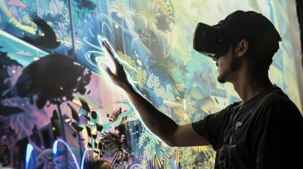 Creative Fusion, Artist with AR Tech Painting a Mural. An innovative artist uses augmented reality...