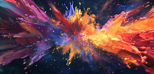 Splashes of paint explode outward, resembling a supernova in deep space.