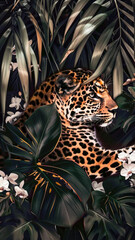 Vertical portrait of a leopard resting under monstera leaves in the jungle, drawing with beautiful blooming orchids and palm leaves, idea about protecting wild life, Earth Day poster or flyer