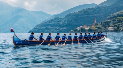Perfect teamwork, a team of athletes rowing in unison to win a race