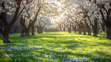 Ornamental garden with majestically blossoming large cherry trees, AI Generative.