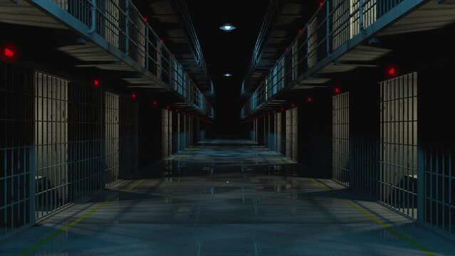 Inside prison corridor at night. Camera passing by cells with wet floor. 3d rendering. seamless loop.