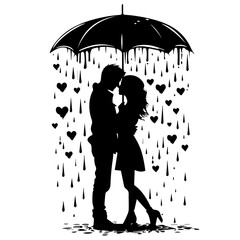 Silhouette of Couple Under Umbrella with Heart Rain
