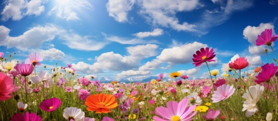 A meadow of vibrant flowers against a blue sky with fluffy cumulus clouds, creating a beautiful natural landscape filled with blooming plants and colorful petals - obrazy, fototapety, plakaty