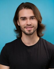 Obraz premium Handsome brunette young man in simple black t-shirt with curly hair smiling to the camera isolated on blue background with copy space, good looking model portrait 