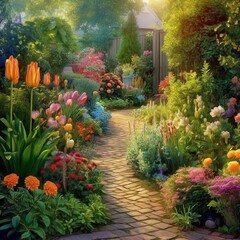 Beautiful Garden with Colorful Flowers and Pla...

 - obrazy, fototapety, plakaty