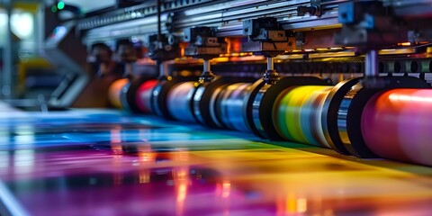 Modern printing press with vibrant colors and professional equipment in action at a dynamic printing factory. Concept Printing Press, Vibrant Colors, Professional Equipment, Printing Factory - obrazy, fototapety, plakaty