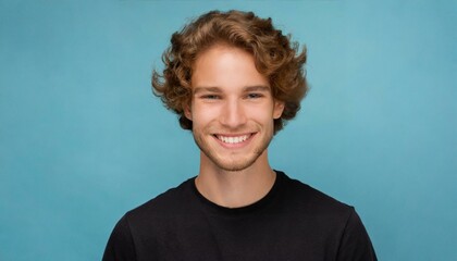Handsome brunette young man in simple black t-shirt with curly hair smiling to the camera isolated on blue background with copy space, good looking model portrait  - obrazy, fototapety, plakaty