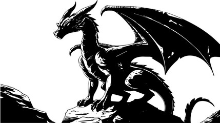 Mythical Dragon Scene Vector Illustration in Black
