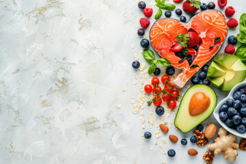Assortment of nutritious foods promoting heart health