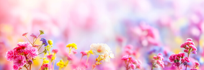 A field of flowers with a pink background. Pastel dreamlike floral landscape