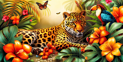 A colorful jungle scene with a leopard laying down. Concept of peace and tranquility in the midst of nature