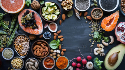 Obraz na płótnie Canvas Array of nourishing foods supporting heart wellness