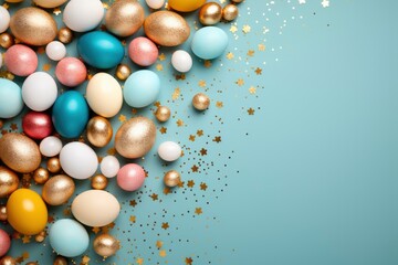 Decorated Easter eggs and space for text on color background, top view - generative ai