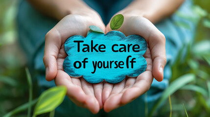 TAKE CARE OF YOURSELF sign in female hands among green plants. Self care motivation concept