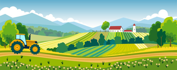 Farm landscape. Village landscape. A yellow tractor drives along a country road against the backdrop of agricultural fields, green meadows, flowers, houses, mountains and clouds. © LoveSan
