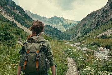 Fototapeta na wymiar woman with backpack going hiking through mountains