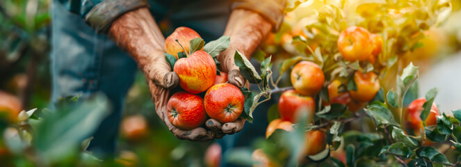 Sun-kissed Harvest: Capturing the Hands of a Farmer Gathering Apples in a Lush Garden - obrazy, fototapety, plakaty