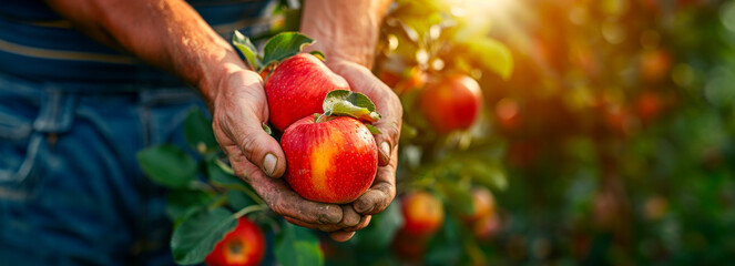 Sunny Orchard Harvest: Skilled Farmer's Hands Picking Apples in the Sunshine - obrazy, fototapety, plakaty