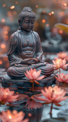 Buddha statue in meditation surrounded by glowing lotus flowers on water