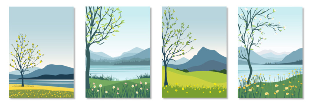 Spring landscapes. Set of spring nature landscapes. Blooming trees, flowers, green grass against the backdrop of the sea and mountains. Vector illustrations vertical A4 format for printing and design.