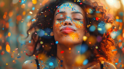 Joyful woman with glitter on face, eyes closed, surrounded by floating confetti, expressing happiness and celebration.