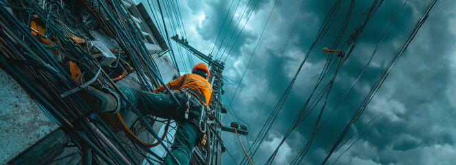 Skilled electricians working on high-altitude electrical repairs from a unique bottom perspective - Powered by Adobe