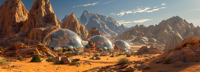 Exploring Mars: Stunning Realistic UHD Biodome Captured on the Red Planet's Surface - obrazy, fototapety, plakaty