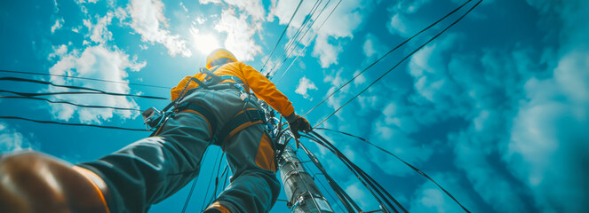 Skilled electrical technicians repairing system at height: dynamic bottom view shot captures their expertise in action