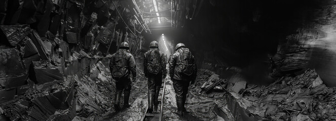 Three miners exiting a coal mine: A glimpse into the daily grind underground - obrazy, fototapety, plakaty