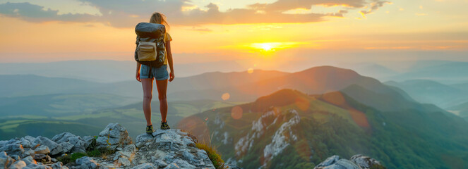 Adventure awaits: Woman admiring sunset from mountain peak with backpack, embracing nature's beauty in summer