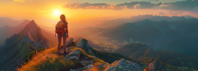 Adventurous woman admiring breathtaking sunset view from cliff top in summer mountain landscape