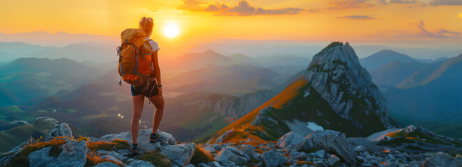 Adventurous Woman Embracing the Serenity of Sunset Mountains from Cliff Top Backpacking Adventure
