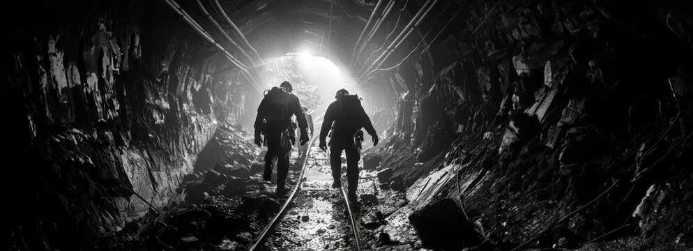 Three miners exiting a subterranean mine: a visual narrative of hard work and perseverance captured in stunning detail