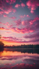 Fototapeta premium Vibrant sunset with pink clouds reflected in a tranquil lake, creating a serene and picturesque landscape.