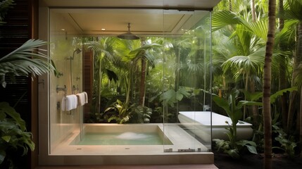 Indoor/outdoor cabana bathroom with floor-to-ceiling glass walls and tropical plants.