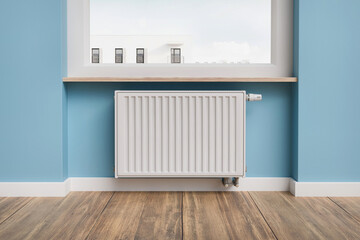 Common home panel heating radiator installed under the window - 3d rendering
