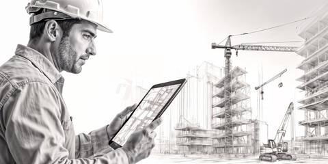construction worker wearing a hard hat is holding a tablet. In the background, there is a partially constructed building with a crane.