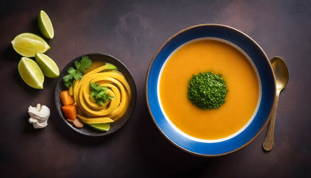 a bowl of traditional mexican soup, sop a delima with carrots and herbs on a dark table