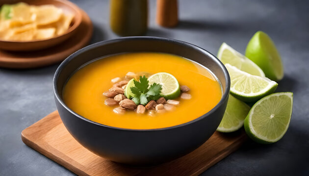 traditional mexican soup with lime and nuts in a black bowl on a dark background