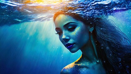  Mermaid, water and sea with silhouette underwater for aqua, fish or magic for myth, goddess and surreal. Mystical, swimming and fantasy for fairytale, creature and folklore for mysterious in ocean - obrazy, fototapety, plakaty