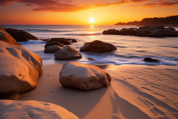 Sand beach among rocks on evening sunset