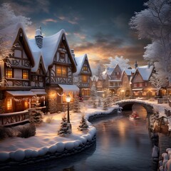 Winter village landscape with snow covered houses and river in the evening.