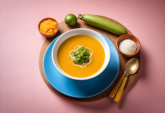 a bowl of sopa de lima traditional mexican soup with vegetables and a spoon on a pink background