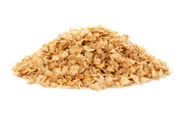 Buckwheat flakes isolated on white background. A bunch of healthy buckwheat flakes. Buckwheat flakes isolated on white background, healthy food.