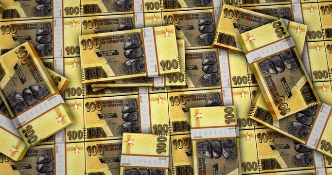 Zimbabwe money Zimbabwean dollars banknotes 3d animation. ZWL 100 packs concept of inflation, economy, crisis, business, banking, debt and finance.