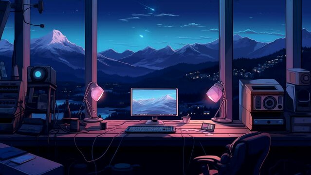 Lofi background music with music studio and computer at night. seamless looping 4k time-lapse animation video background