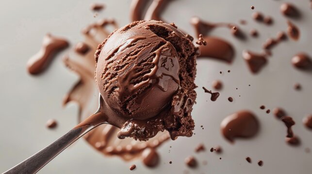 Dynamic close-up of a spoon breaking into chocolate ice cream